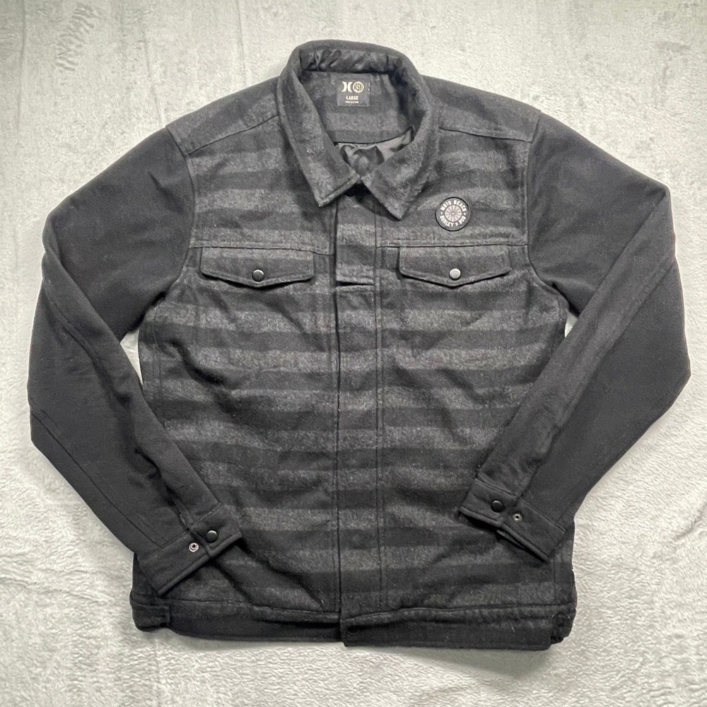 Hurley Moto Beach Jacket Mens Large Black Gray Striped Quilted Lined BV2674